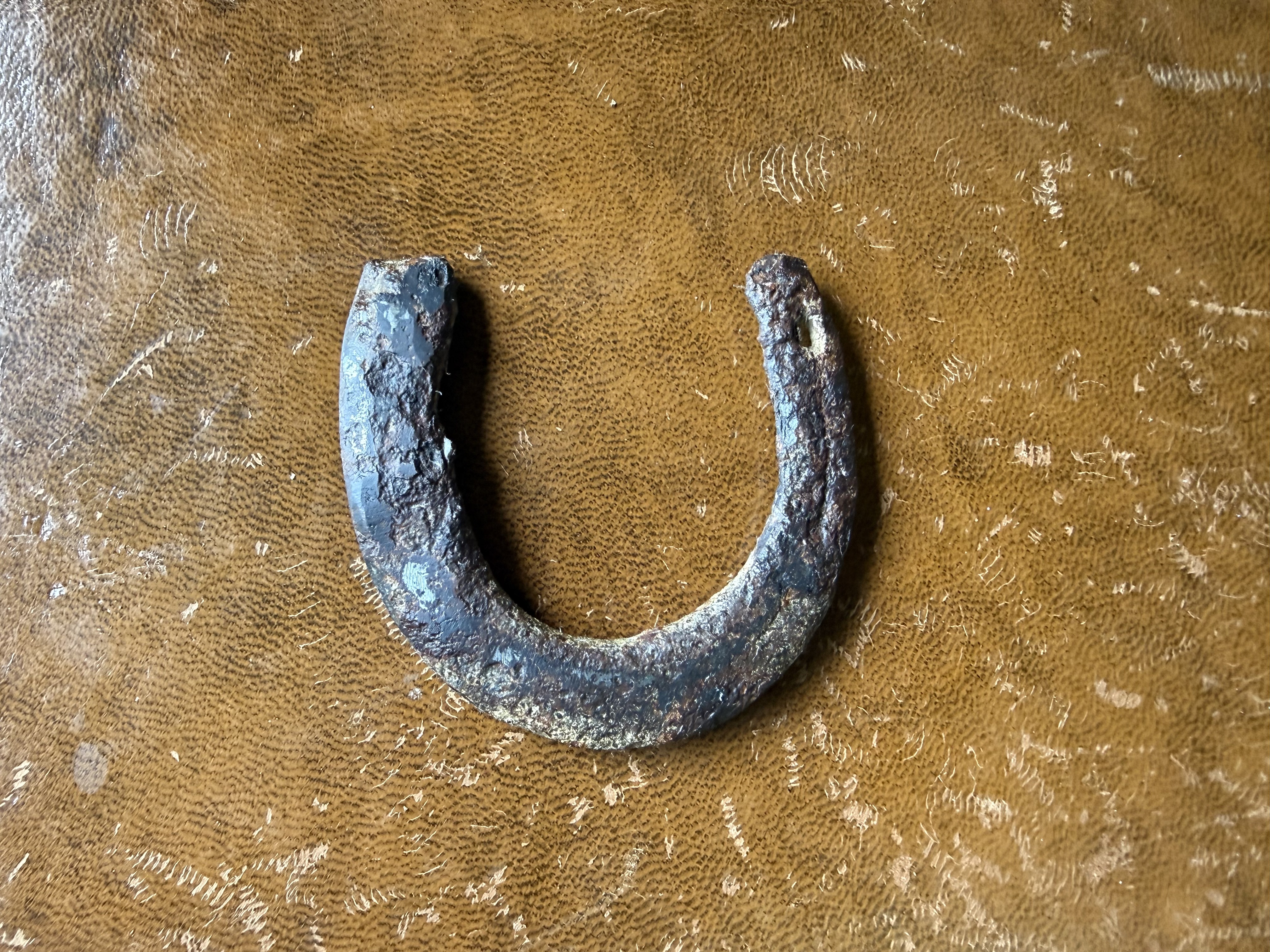 Small heavily rusted iron horseshoe with nail holes, found by metal detecting